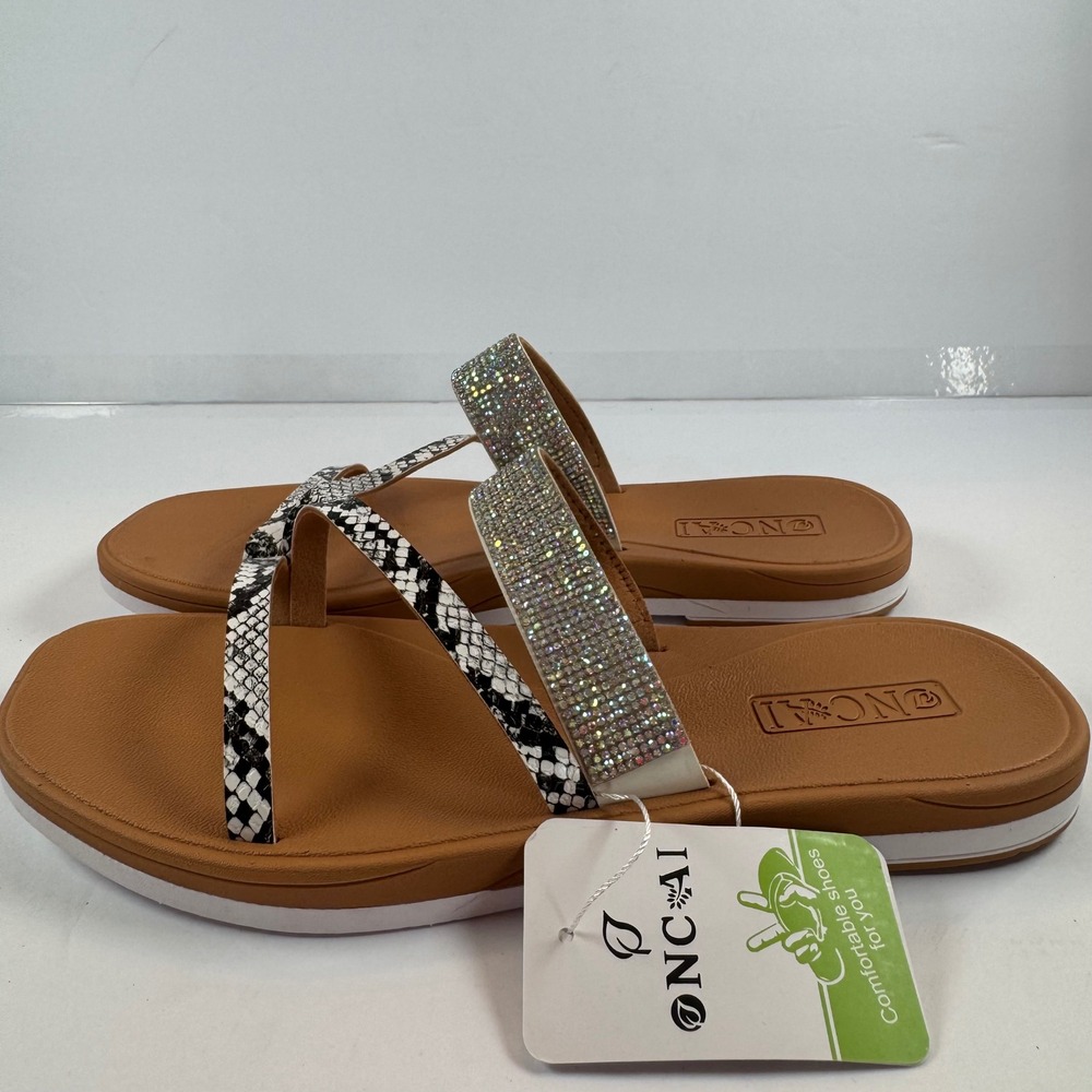 ONCAI Womens Snakeskin Rhinestone Slide Sandals Tan US 9 EU 40 Arch Support NEW